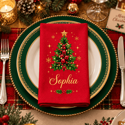 Personalized Christmas Tree Cotton Napkin with Custom Name, Elegant Gold Accents, Festive Holiday Table Decor