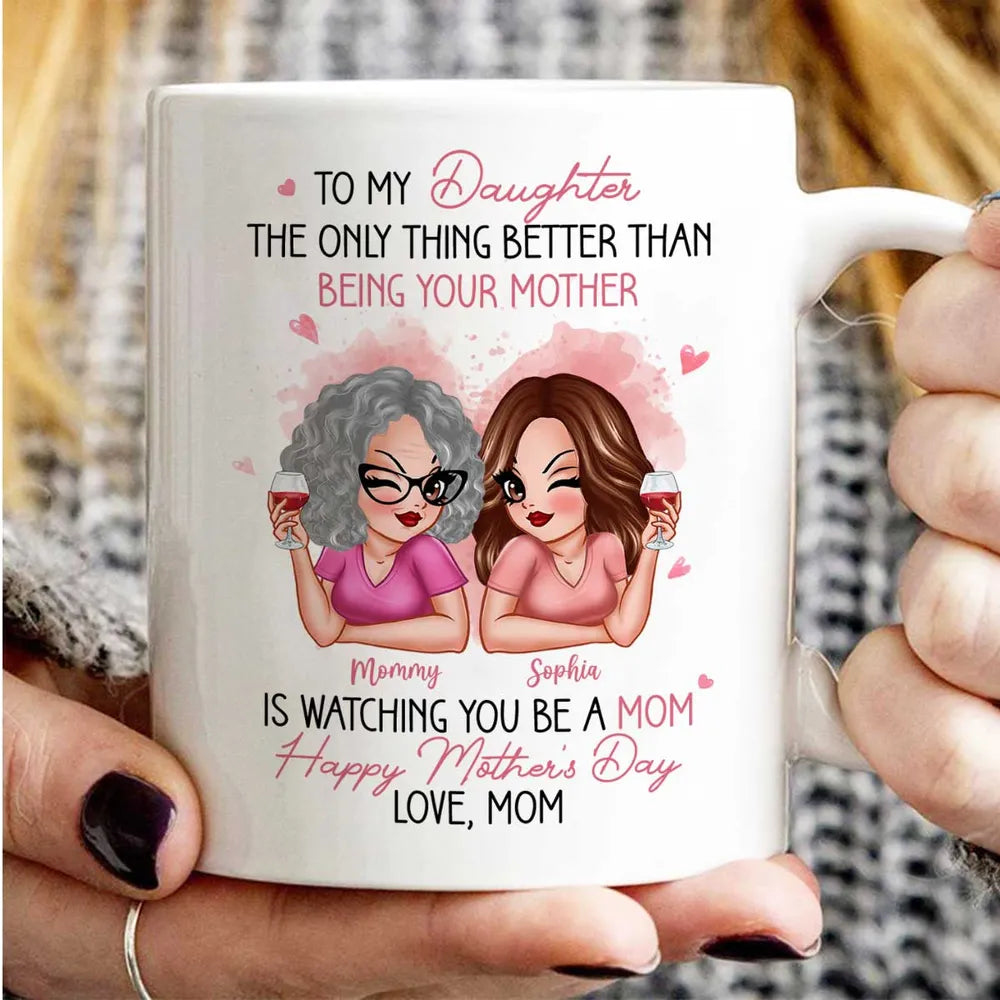 To My Daughter – Personalized Ceramic Mug , Perfect Gift for Mother and Daughter, Featuring a Fun Design with Winking Characters