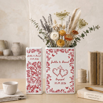 Personalized Ceramic Book Vase with Names & Date, Romantic Engagement Gift for Couples, Custom Love Keepsake