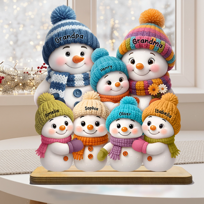 Personalized 2-Layer Wooden Plaque, Colorful Snowman Family by a Winter Window, Unique Christmas Gift for Grandparents