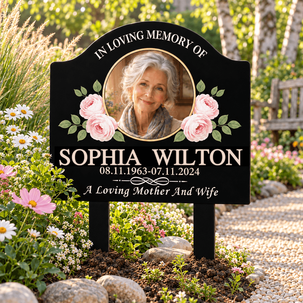 Custom Photo Memorial Garden Stake, Personalized Metal Grave Marker with Floral or Dove Design, Sympathy Gift for Family