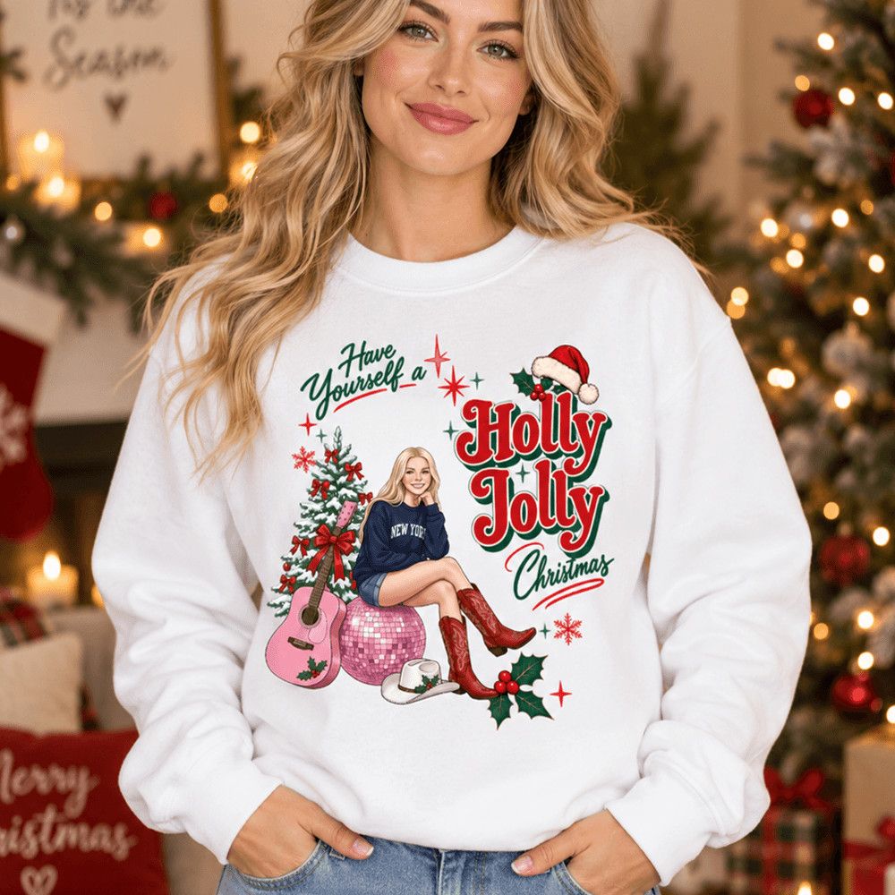 Custom Photo Cowgirl Christmas Sweatshirt, Holly Jolly Disco Ball & Christmas Tree Design, Western Holiday Gift for Her