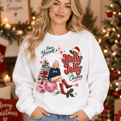 Custom Photo Cowgirl Christmas Sweatshirt, Holly Jolly Disco Ball & Christmas Tree Design, Western Holiday Gift for Her