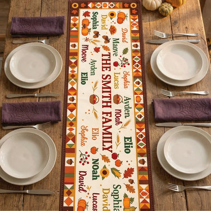 Custom Family Table Runner with Names, Rustic Fall Pumpkin and Sunflower Design, Thanksgiving Dining Table Decor Gift