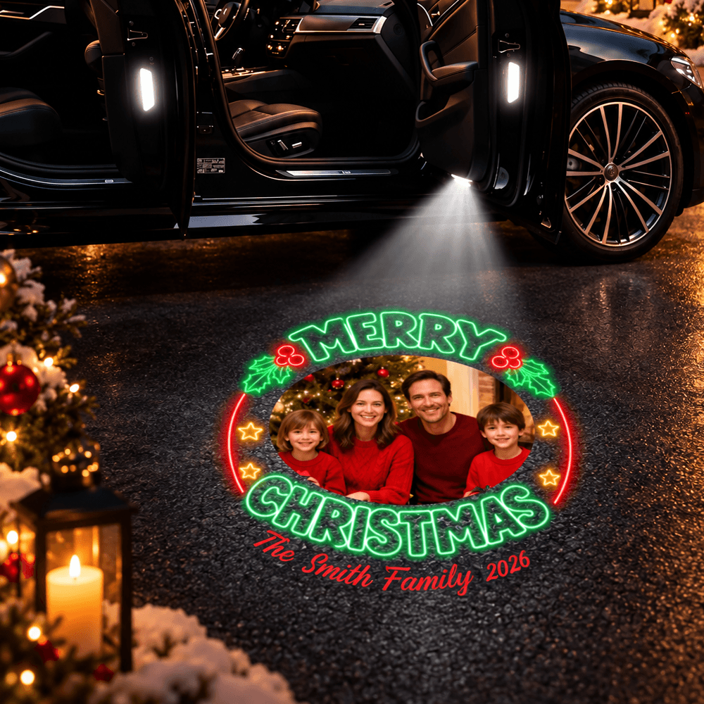 Custom Christmas Car Door Projector Lights with Family Photo and Name, Festive Holiday Car Accessory, Family Keepsake Gift