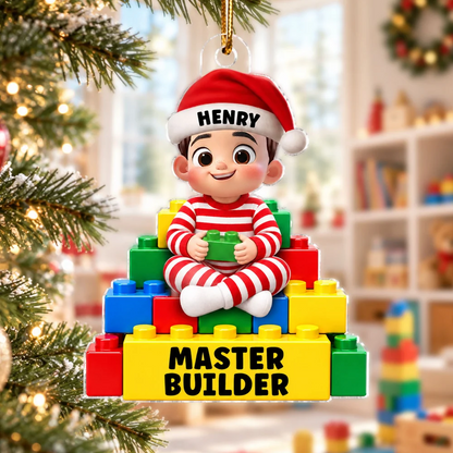 Personalized Acrylic Ornament, Little Master Builder by a Christmas Tree, Creative Gift for Son or Grandson