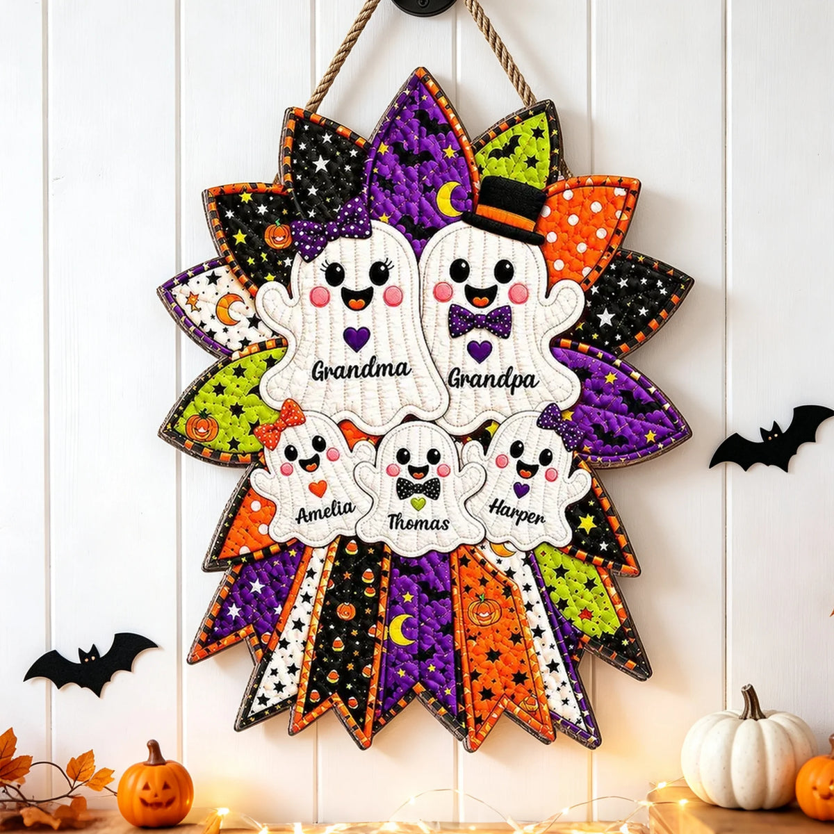 Personalized Wooden Sign with Cheerful Ghost Family Wreath, Heartwarming Halloween Decor, Creative Gift for Grandparents