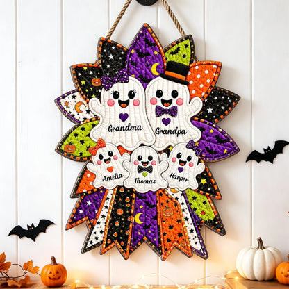 Personalized Wooden Sign with Cheerful Ghost Family Wreath, Heartwarming Halloween Decor, Creative Gift for Grandparents