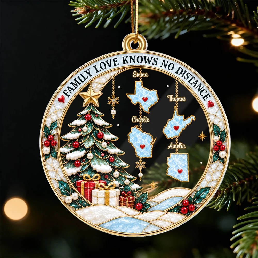 Personalized Acrylic Ornament, Snowy Christmas Tree and Family Map Scene, Creative Gift for Long-Distance Family