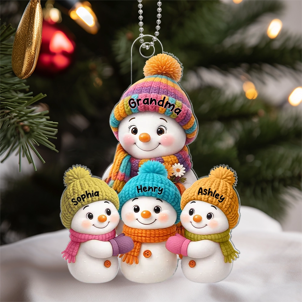 Custom Snowman Family Ornament with Grandkids' Names - Christmas Keepsake