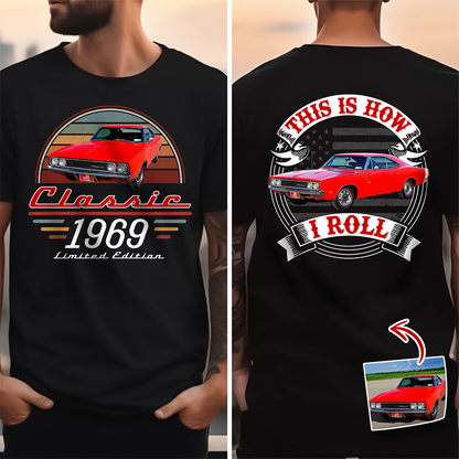 Personalized Dual Print Classic Tee with Red Vintage Car, Unique Creative Gift for Car Enthusiast