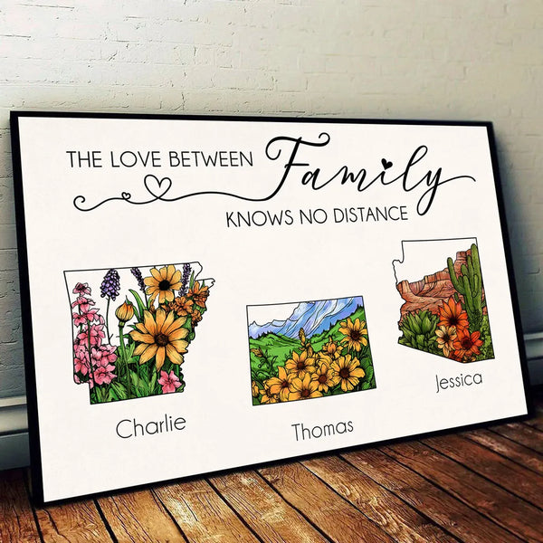 The Love Between Family Friends Knows No Distance Watercolor Wildflower State Map Personalized Poster or Plaque or Keychain or Ornament