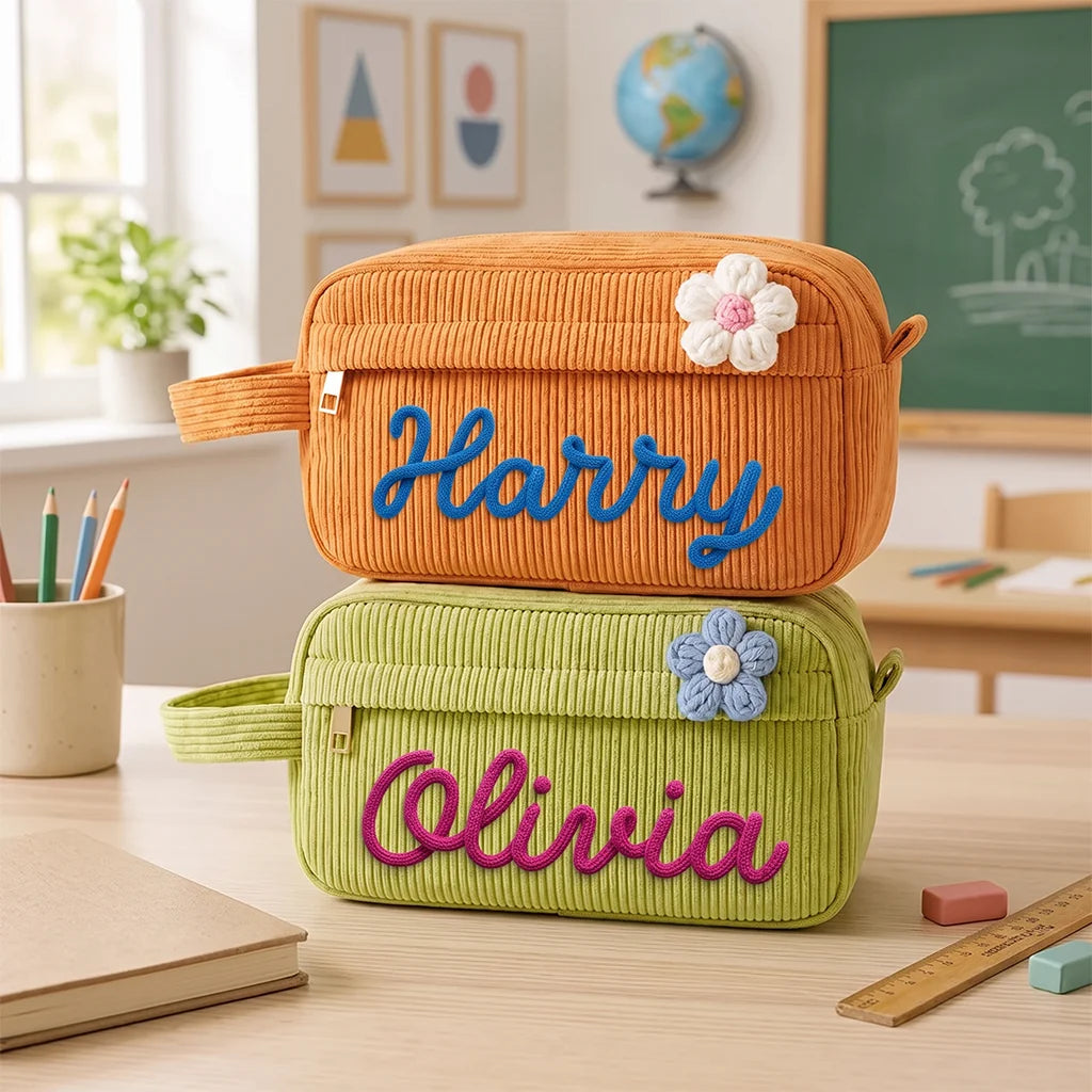 Crochet Corduroy Handbag with Colorful Lettering & Cute Icons, Personalized Gift for Kids & Friends