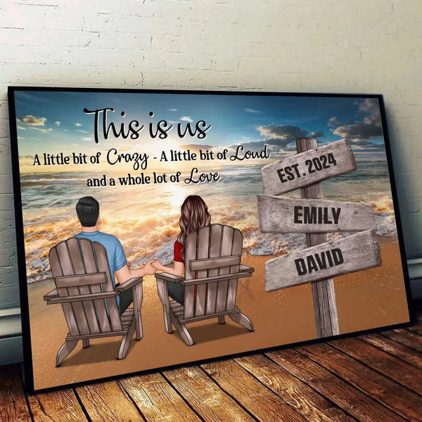 Romantic Beach Landscape Couple Sitting Holding Hands Sign Posts Personalized Poster or Plaque or Keychain or Ornament, Home Decoration, Gift For Him, For Her