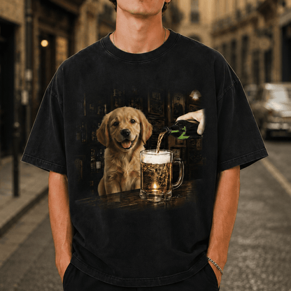 Custom Dog Portrait Classic Tee, Playful Pub Scene with Beer, Creative Gift for Pet Owners