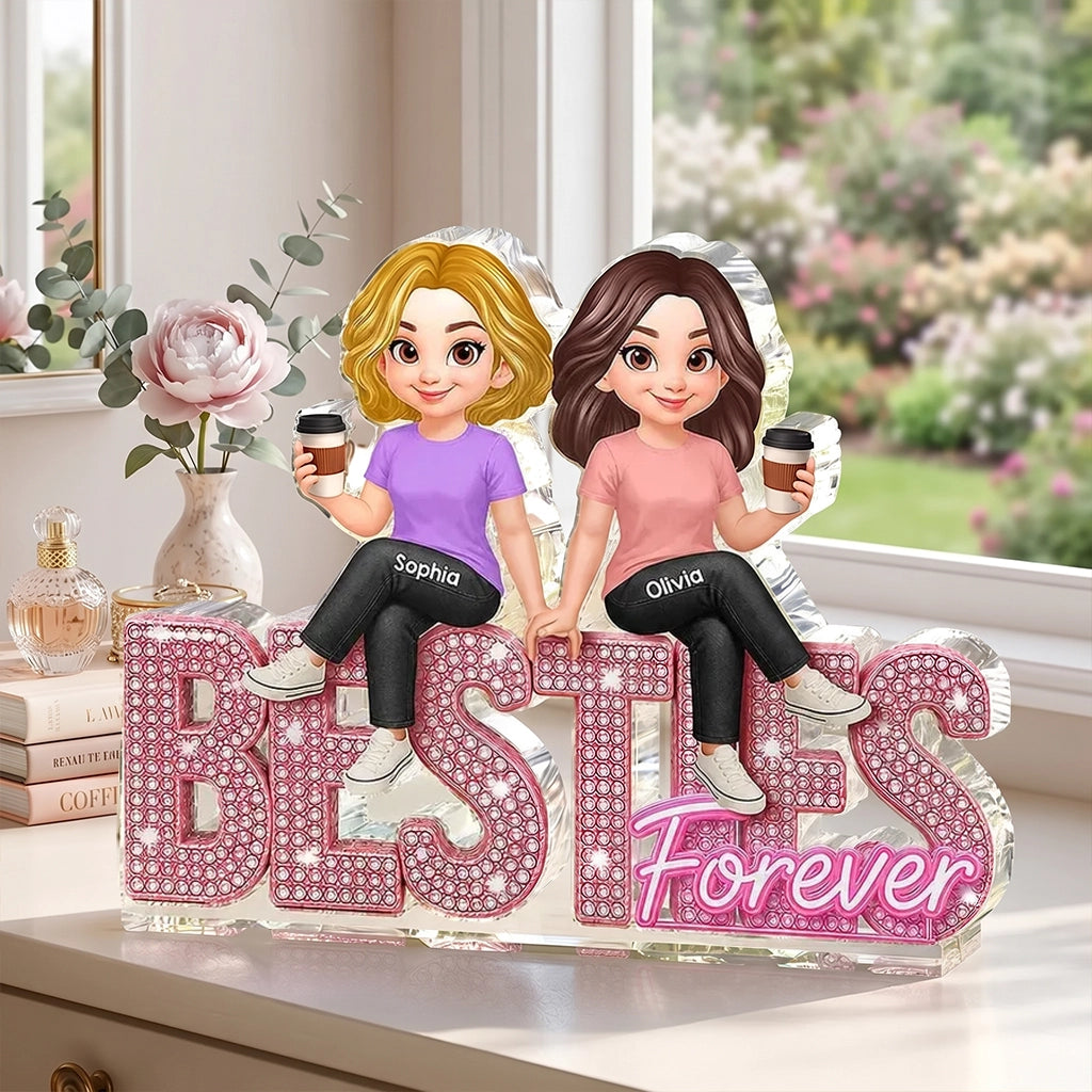 Personalized Shaped Acrylic Block Plaque, Friends Sharing Coffee, Pink Besties Forever, Unique Gift for Best Friend