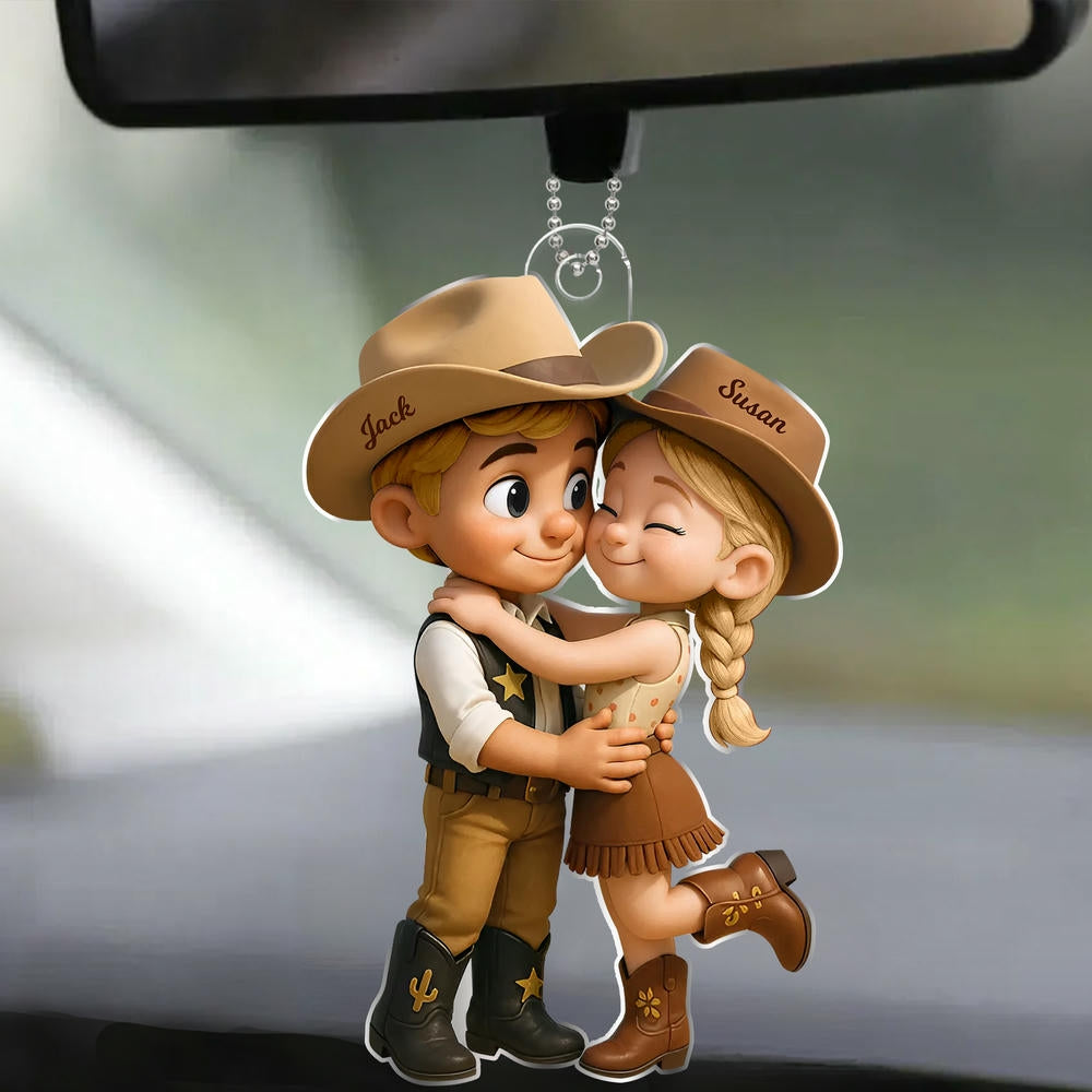 Cowboy & Cowgirl Personalized Acrylic Car Hanger – Cute Couple Gift for Rearview Mirror Decoration