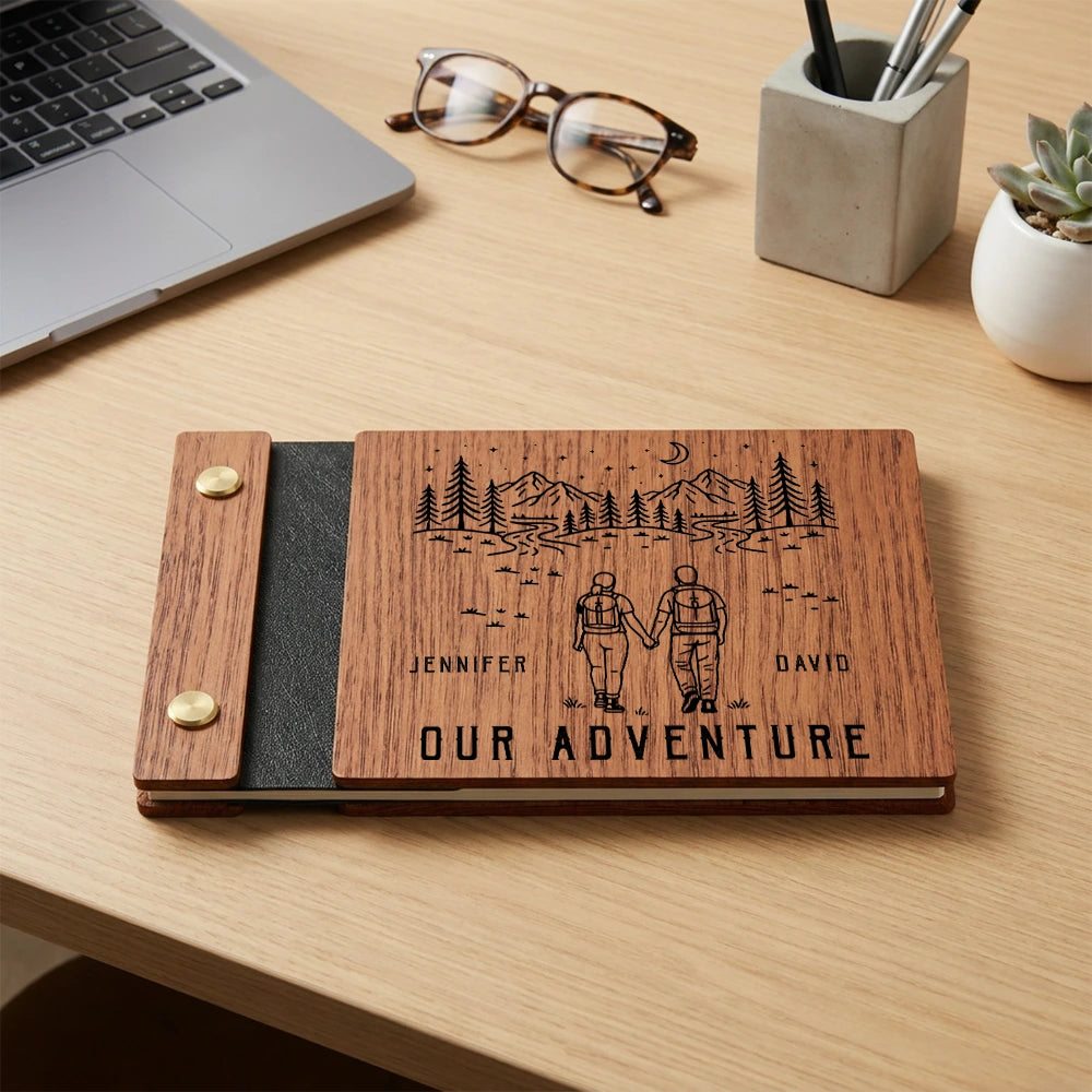 Personalized Wooden Memory Book for Couples, Custom Adventure Keepsake Album with Names, Anniversary or Wedding Gift