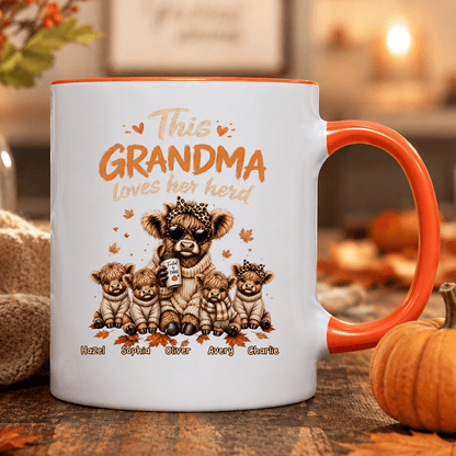 This Grandma Loves Her Herd Two-Tone Mug with Coffee-Holding Cow, Personalized Creative Gift for Grandma