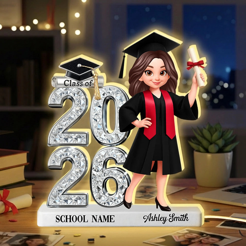 Personalized Graduation 2-Layer Wooden Plaque, Class of 2026 Cartoon Graduate Holding Diploma, Unique Gift for Her Him