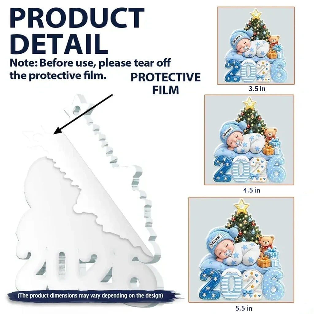 Personalized Acrylic Ornament, Sleeping Baby Beside a Christmas Tree, Unique Gift for New Parents