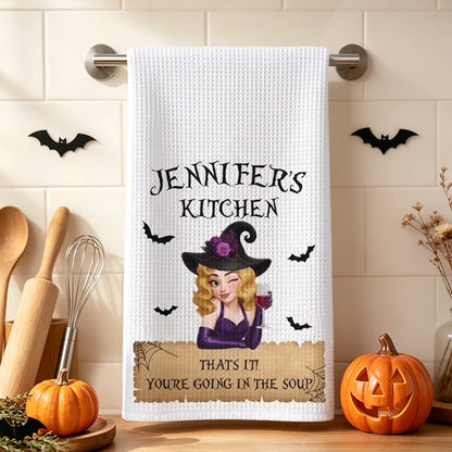 Personalized Kitchen Towel with Winking Witch and Bats, Unique Halloween Gift for Home Cooks
