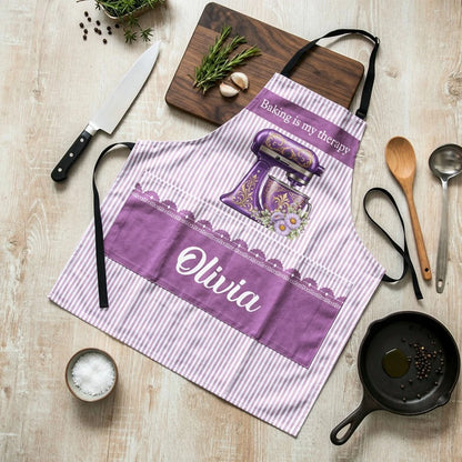 Baking Is My Therapy Waterproof 1-Pocket Apron, Personalized Purple Mixer Creative Gift for Bakers
