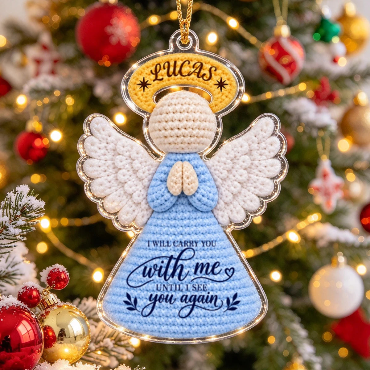 Personalized Acrylic Ornament with Praying Angel, Blue Christmas Tree Decor, Unique Memorial Gift for Family