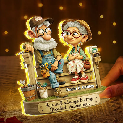 Personalized Acrylic Light Box with Elderly Couple on Porch, Warm Glow Keepsake, Unique Gift for Husband or Wife