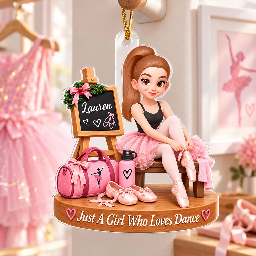 Personalized Acrylic Ornament, Pink Cartoon Ballerina Tying Pointe Shoe, Unique Christmas Gift for Daughter