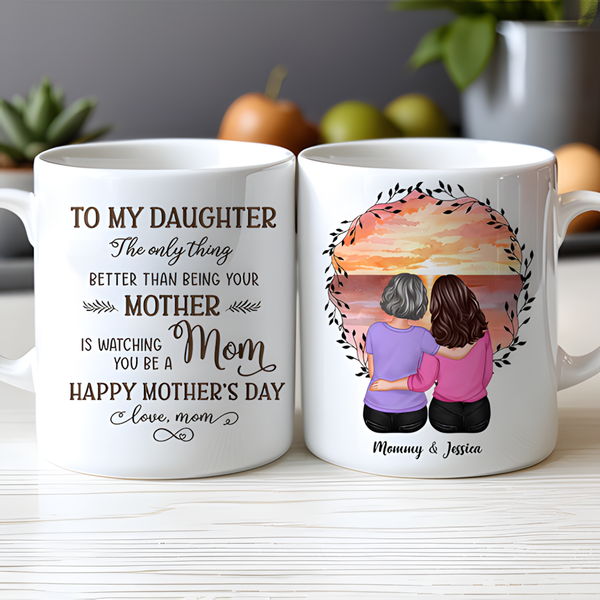 Beach Sunset Mother and Daughter Hugging Back View – Personalized Cup, Poster, Keychain, Ornament & More, Sentimental Mother’s Day Gift for Daughter