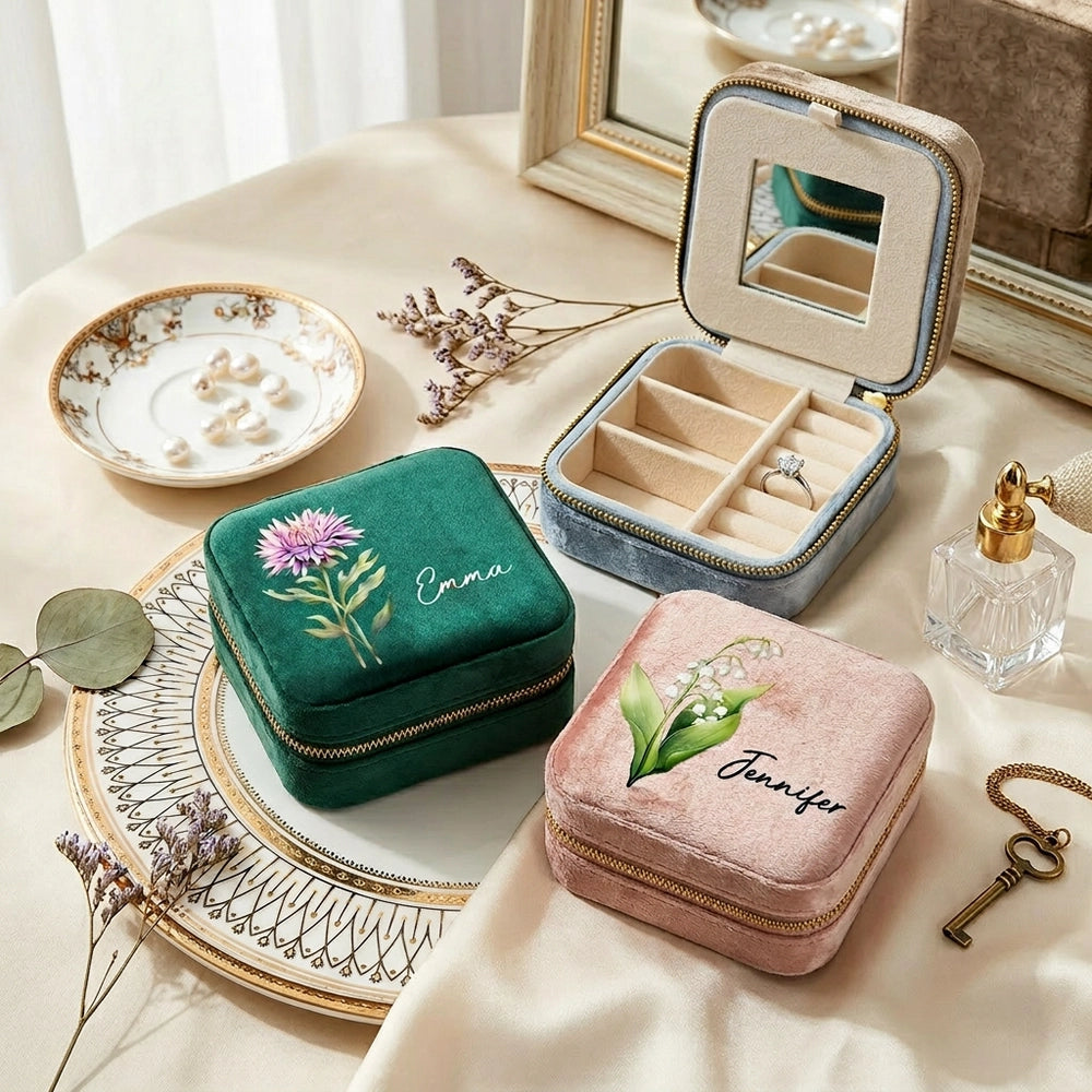 Velvet Travel Jewelry Box, Personalized Floral Keepsake for Everyday Rings and Earrings, Unique Gift for Mom or Friend