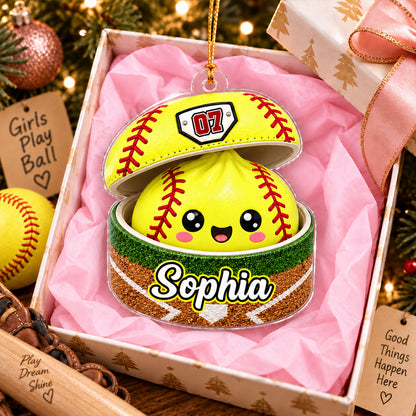Personalized Softball Dumpling Acrylic Ornament, Cute Yellow Tree Decor, Unique Christmas Gift for Daughter, Son, Grandkids