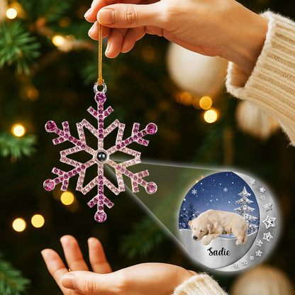 Photo Projection Ornament Crystal Snowflake, Pet Photo Keepsake with Snowy Night Scene, unique gift for pet parents