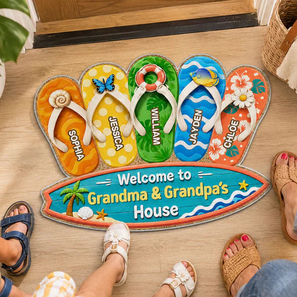 Personalized Shaped Doormat, Summer Flip Flop Welcome Unique Gift for Grandma & Grandpa's House