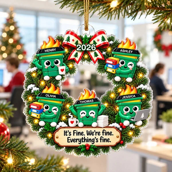 Personalized Acrylic Ornament, Cute Dumpster Fire Office Wreath, Unique Christmas Gift for Coworkers