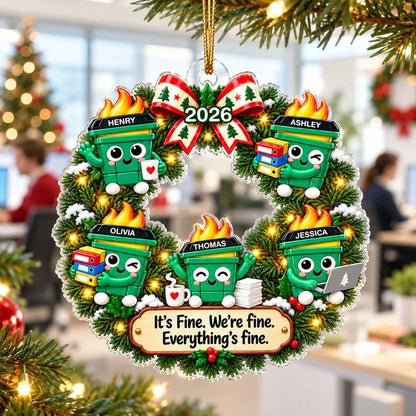 Personalized Acrylic Ornament, Cute Dumpster Fire Office Wreath, Unique Christmas Gift for Coworkers