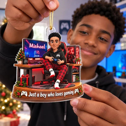 Personalized Acrylic Ornament, Red and Black Cartoon Boy Gaming at Desk, Unique Christmas Gift for Son