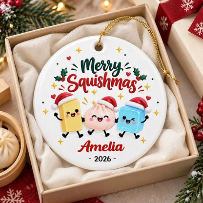 Personalized Ceramic Ornament, Merry Squishmas Cartoon Keepsake, Unique Christmas Gift for Squishy Fans