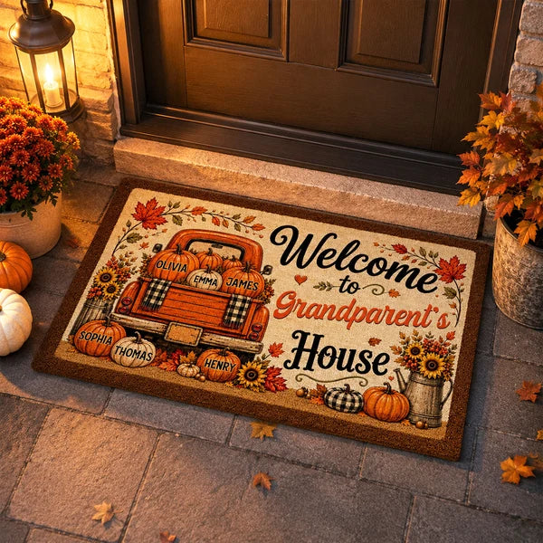 Personalized Standard Doormat with Floral Pumpkin Truck, Fall Entryway Decor, Unique Gift for Grandparents
