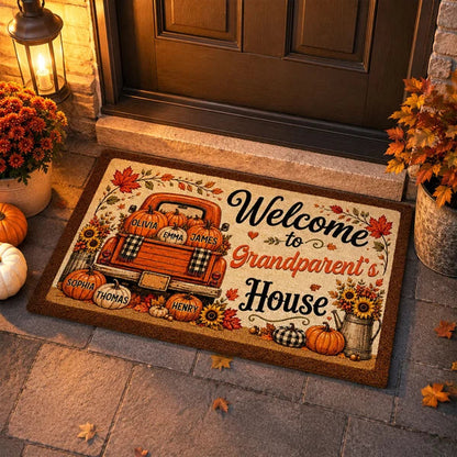 Personalized Standard Doormat with Floral Pumpkin Truck, Fall Entryway Decor, Unique Gift for Grandparents