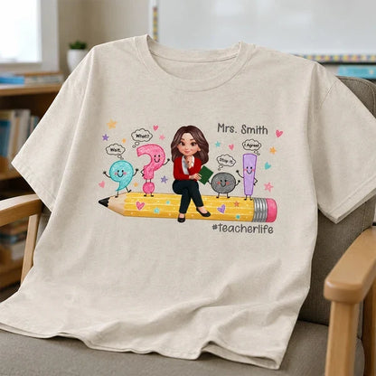 Personalized Classic Tee with Cartoon Teacher on Pencil, Colorful Grammar Design, Unique Gift for Educators