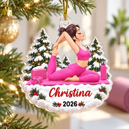 Personalized Acrylic Ornament, Pink Yoga Woman with Snowy Christmas Trees, Unique Gift for Yoga Lovers