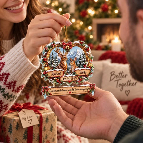 God Blessed the Broken Road Personalized Acrylic Ornament, Deer Couple in Snowy Forest, Creative Gift for Partner