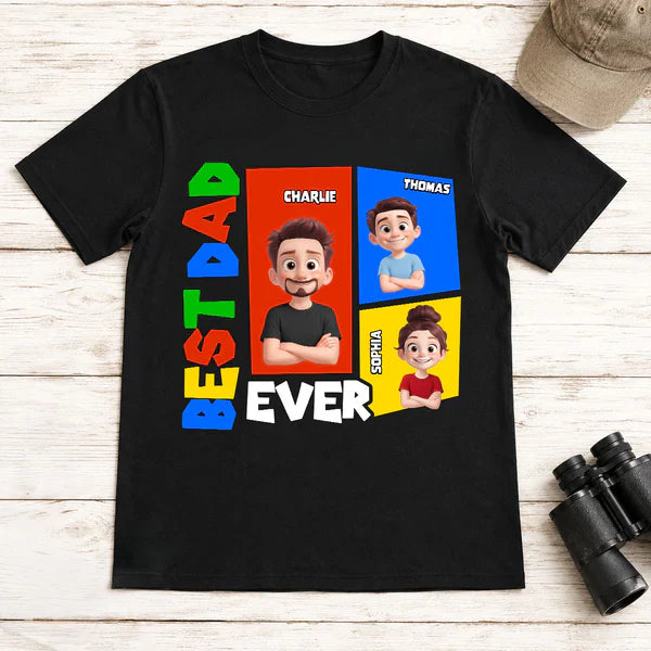 Personalized Dad Arcade Classic Tee, Colorful Cartoon Portraits, Unique Creative Gift for Dad