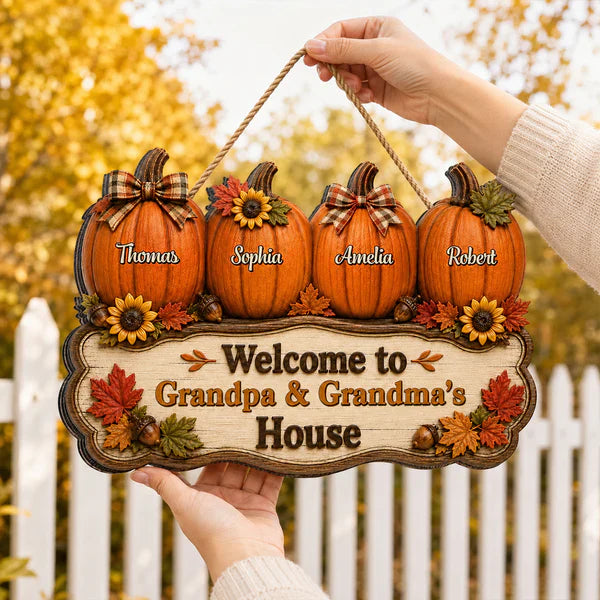 Personalized Wooden Sign with Fall Pumpkins, Unique Gift for Grandma & Grandpa's Cozy House