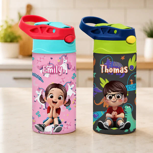 Personalized Kids Water Bottle with Pink Unicorn Pattern, Unique Creative Gift for Daughter