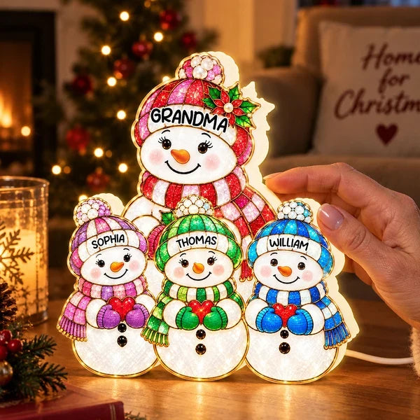 Personalized Acrylic Light Box, Festive Snowman Family With Warm Glow, Creative Keepsake Gift for Grandma