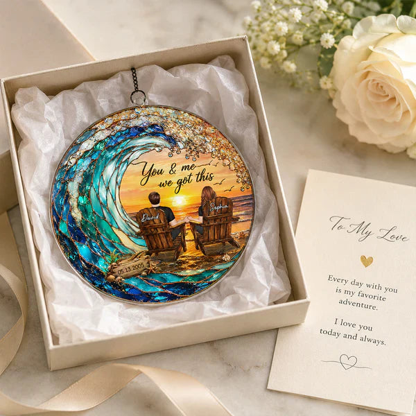 Custom Acrylic Suncatcher Ornament with You & Me Beach Art, Creative Gift for a Couple, Warm Window Glow
