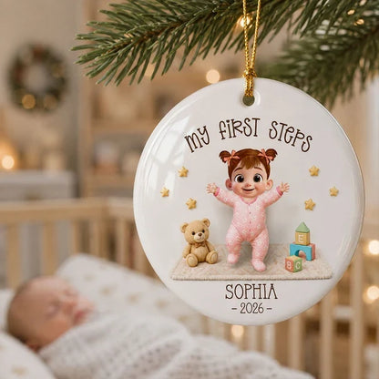 Personalized Ceramic Ornament, Baby Taking First Steps in Pastel Cartoon Style, Unique Christmas Gift for Parents